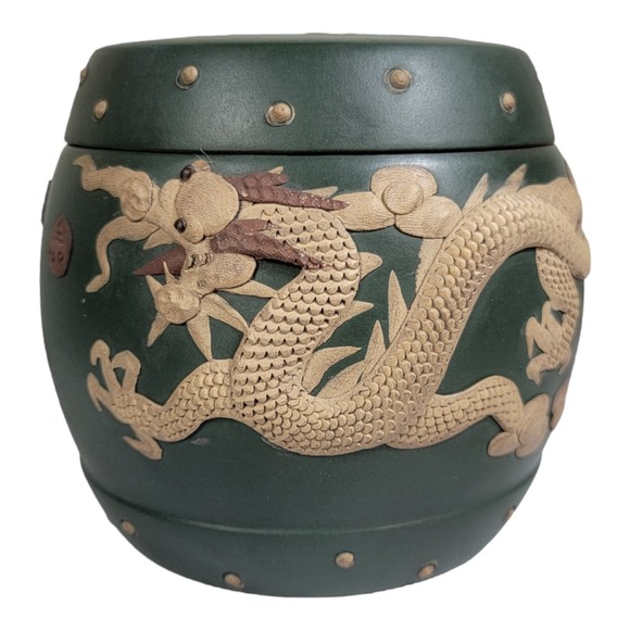 Unmarked Other - Vintage Ceramic Redware Dragon Draginware Ginger Lidded Pot Planter canister Jar